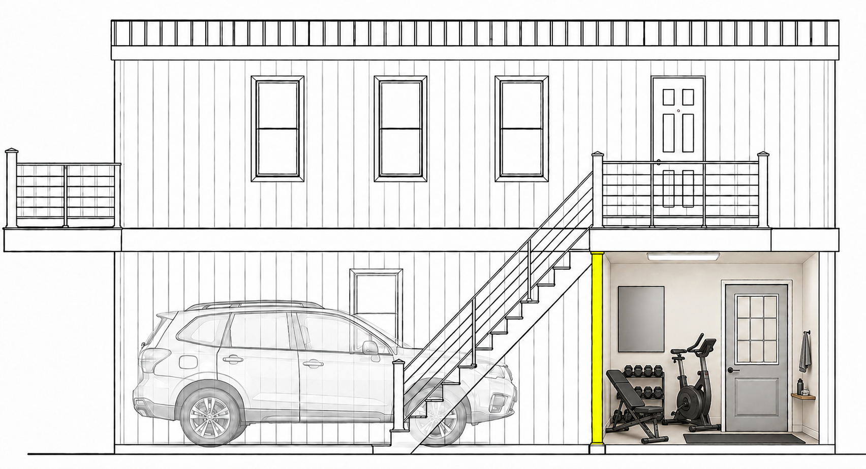 Barn Owl side elevation showing the deep site-built garage and Sunflower residence above